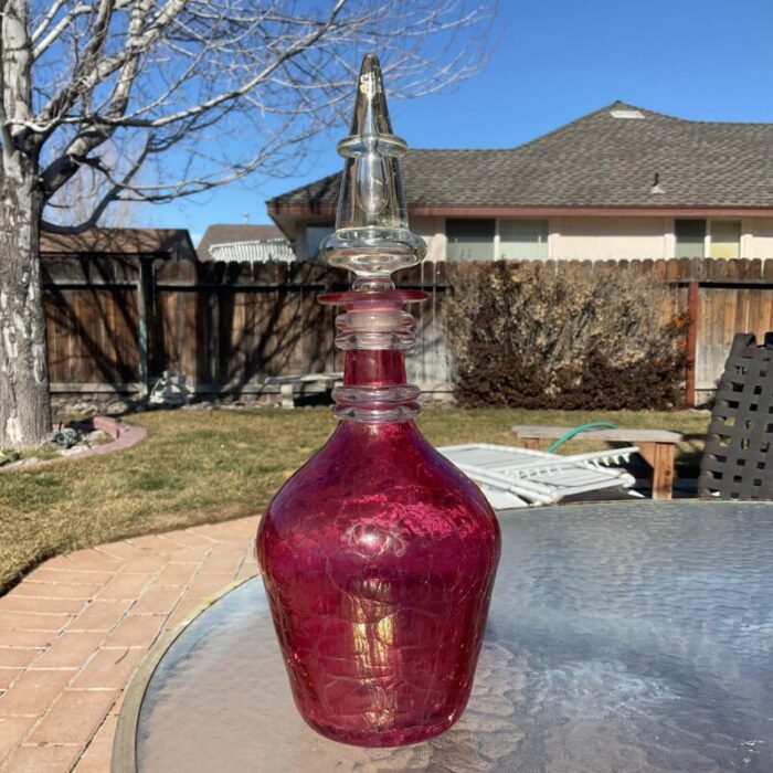 mid 20th century red crackle decanter with applied rings attributed to blenko 9132