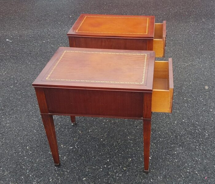 mid 20th century vintage leather top mahogany nightstands pair 0840