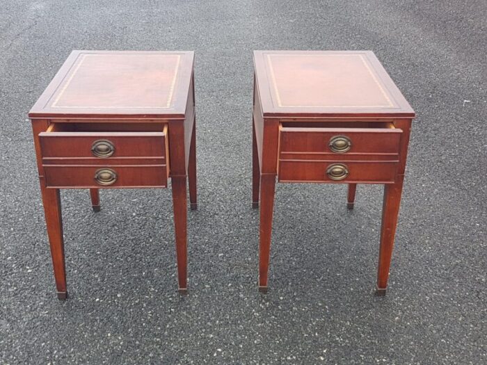 mid 20th century vintage leather top mahogany nightstands pair 2716