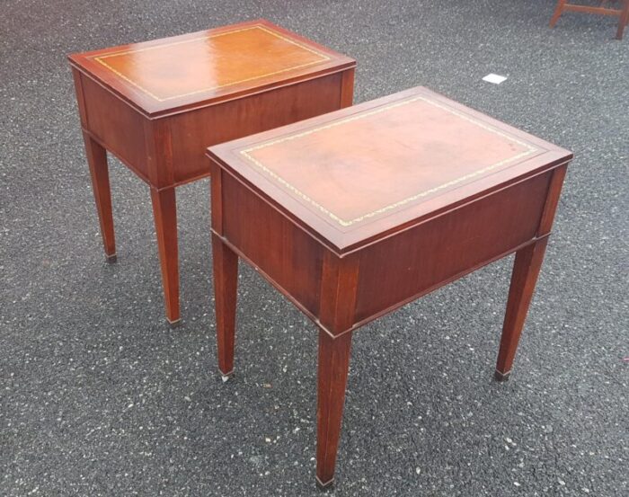 mid 20th century vintage leather top mahogany nightstands pair 3298