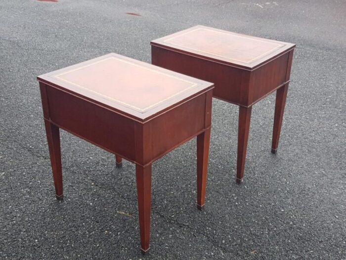 mid 20th century vintage leather top mahogany nightstands pair 3381