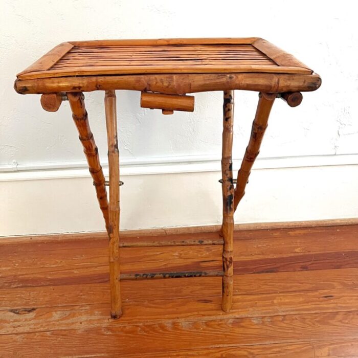 mid 20th century vintage tortoise shell burnt bamboo rattan folding tray table 1138