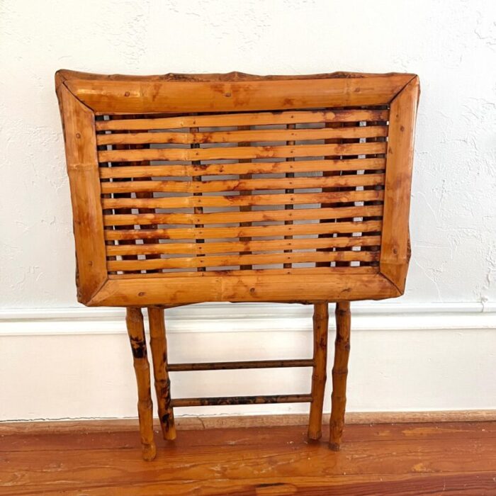 mid 20th century vintage tortoise shell burnt bamboo rattan folding tray table 4755