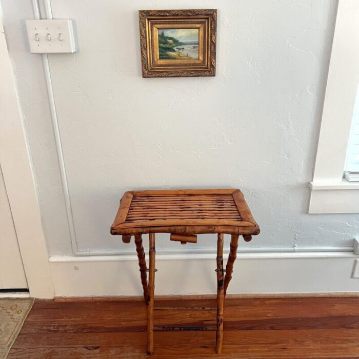 mid 20th century vintage tortoise shell burnt bamboo rattan folding tray table 6163