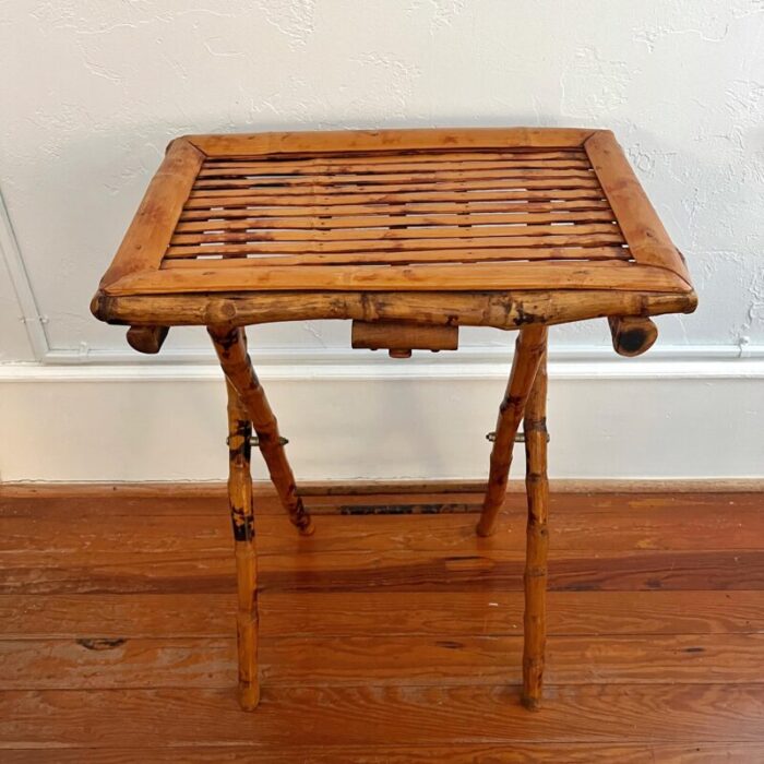 mid 20th century vintage tortoise shell burnt bamboo rattan folding tray table 6265