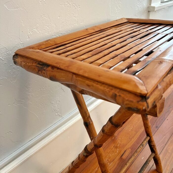 mid 20th century vintage tortoise shell burnt bamboo rattan folding tray table 6944