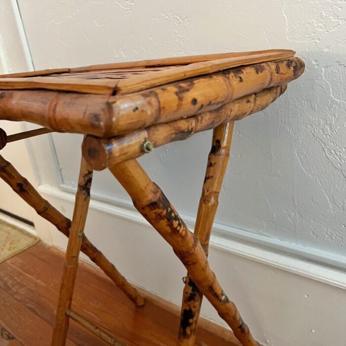 mid 20th century vintage tortoise shell burnt bamboo rattan folding tray table 9116