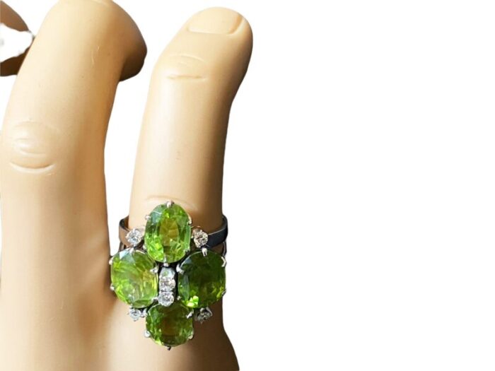 mid century 18k white gold cocktail peridot and diamond ring 0108