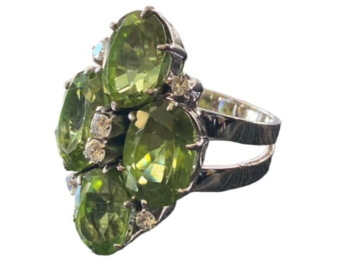 mid century 18k white gold cocktail peridot and diamond ring 8542