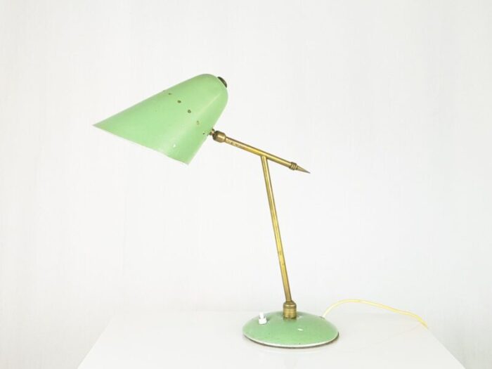 mid century adjustable table lamp in aqua green metal and brass 1950s 7