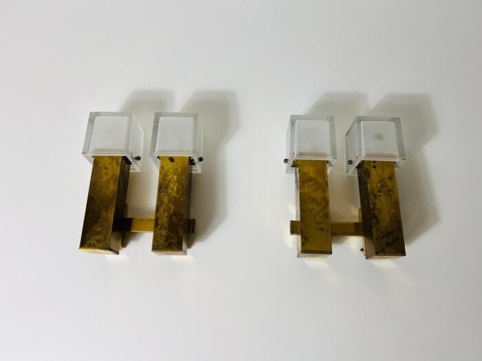 mid century brass and ice glass wall lamps 1960s set of 2 5