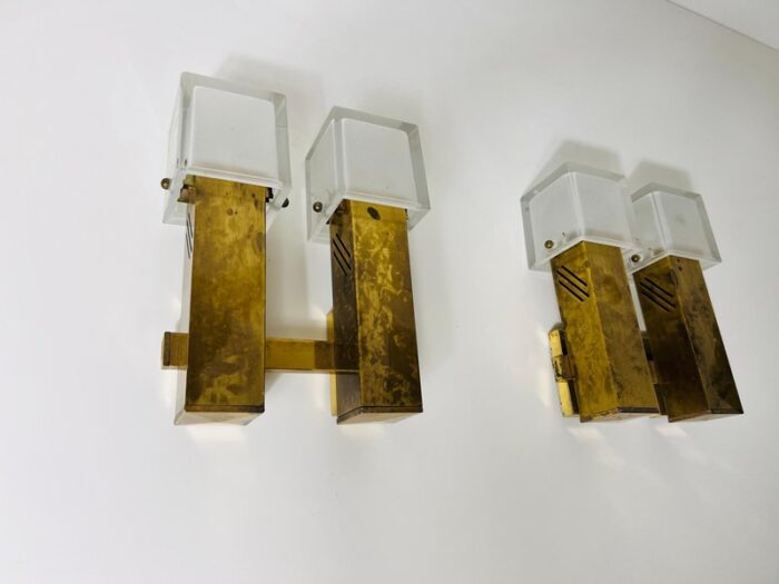 mid century brass and ice glass wall lamps 1960s set of 2 7