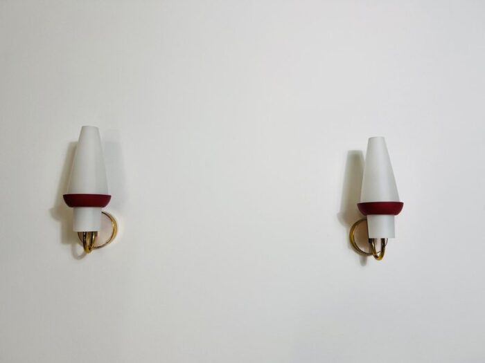 mid century brass and opaline glass wall lamps 1960s set of 2 3