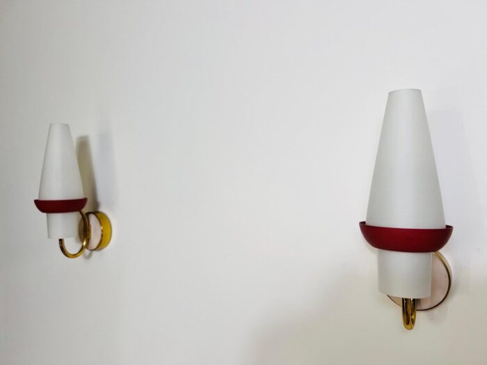 mid century brass and opaline glass wall lamps 1960s set of 2 8