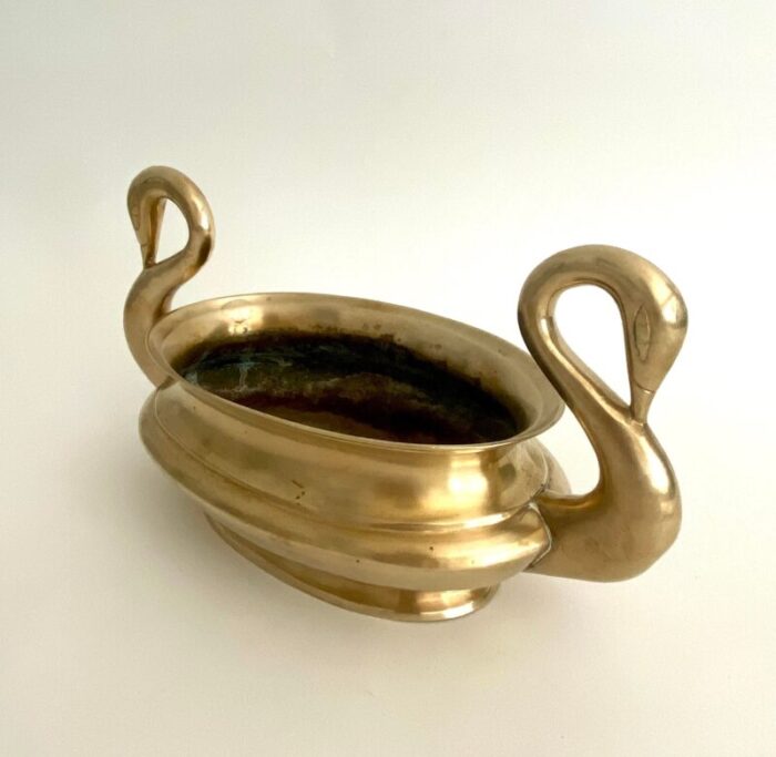 mid century brass swan handled planter 2391