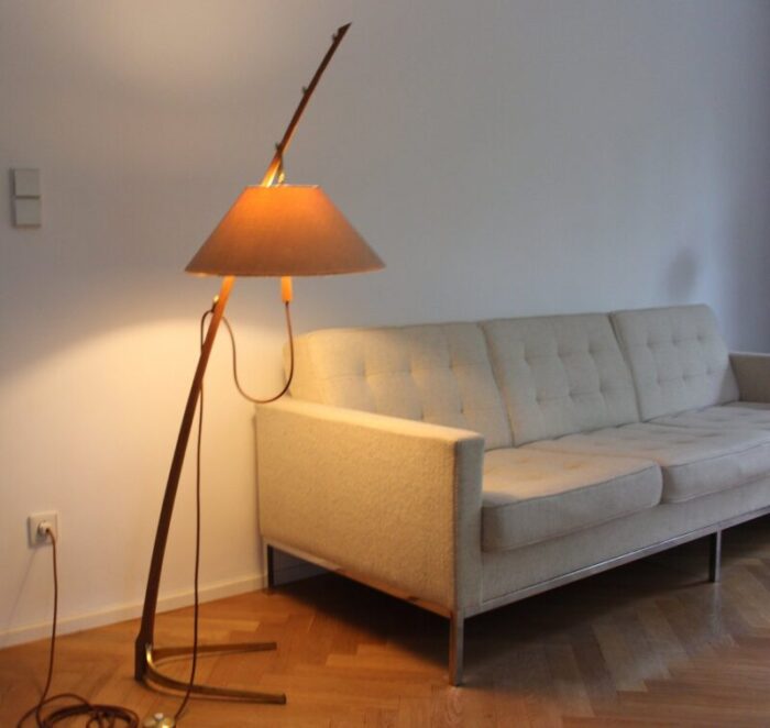 mid century brass walnut thorn rod floor lamp by j t kalmar for kalmar austria 1950s 2