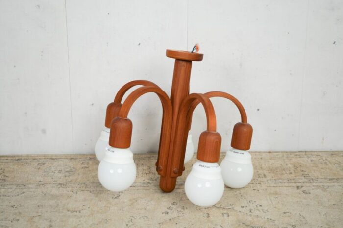 mid century domus teak chandelier light lamp 1960s 5