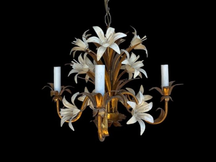 mid century hollywood regency italian gilt tole chandelier with lilies 6 arm 2118