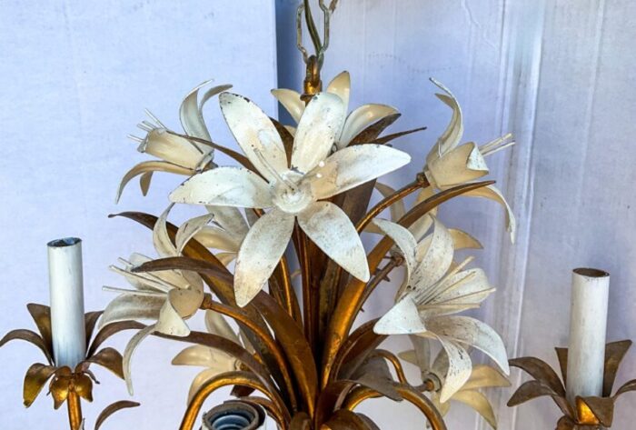 mid century hollywood regency italian gilt tole chandelier with lilies 6 arm 7284