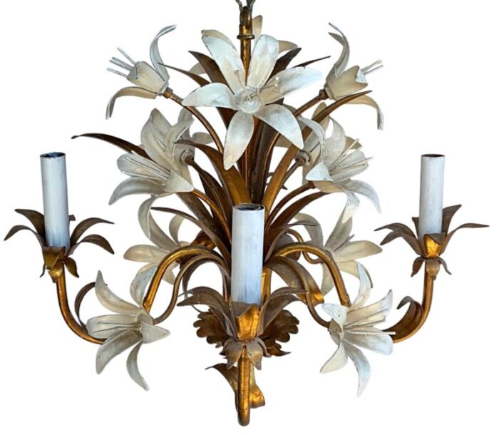 mid century hollywood regency italian gilt tole chandelier with lilies 6 arm 8879