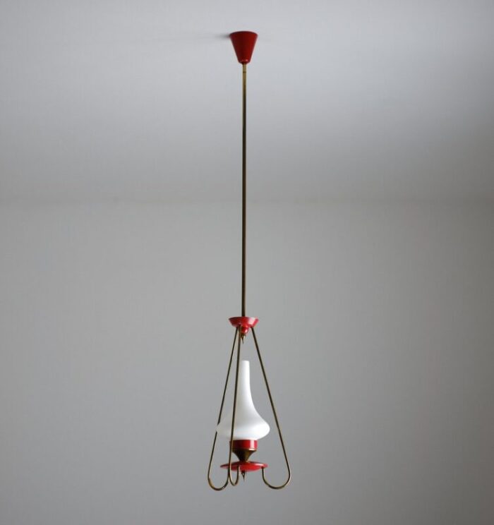 mid century italian pendant lamp in red metal and opaline glass 1950s 1