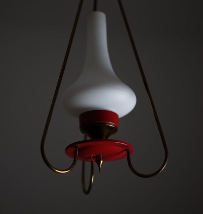 mid century italian pendant lamp in red metal and opaline glass 1950s 5