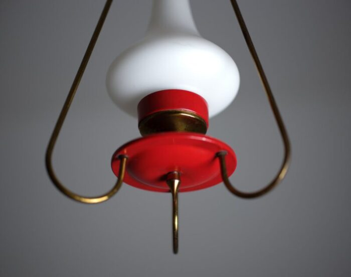 mid century italian pendant lamp in red metal and opaline glass 1950s 6