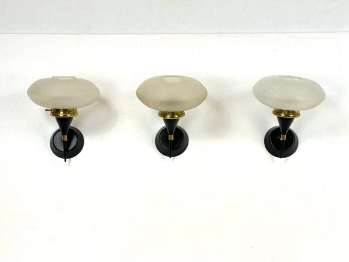 mid century italian sconces in brass and etched glass from stilnovo 1950s set of 3 11