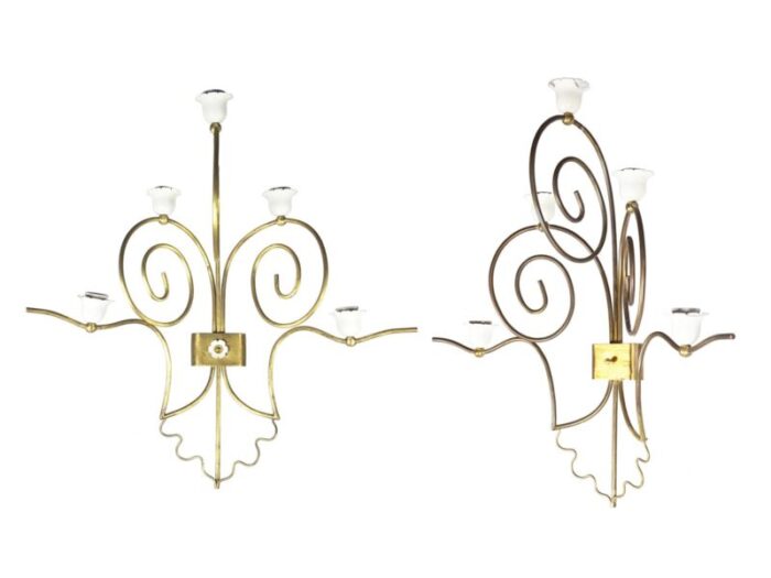 mid century italian sconces in white metal and brass set of 2 1