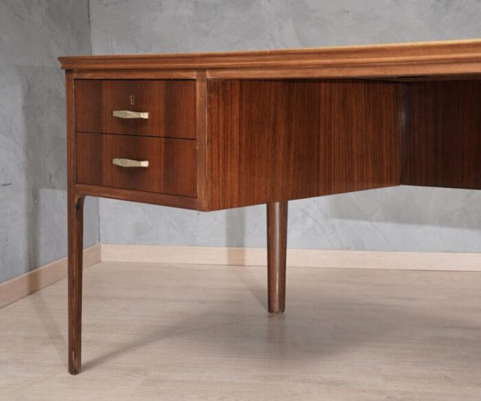 mid century italian writing desk in walnut and leather 1950 0525