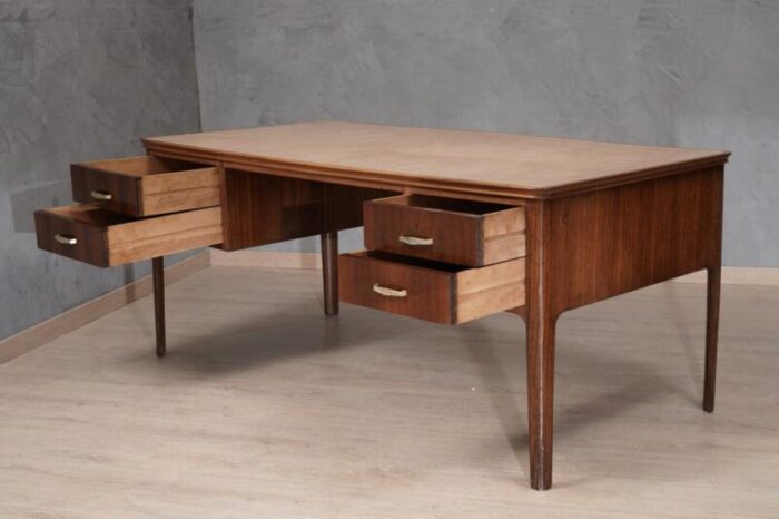 mid century italian writing desk in walnut and leather 1950 2861