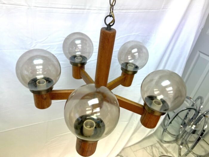 mid century modern brass wood 5 light globe chandelier 3755