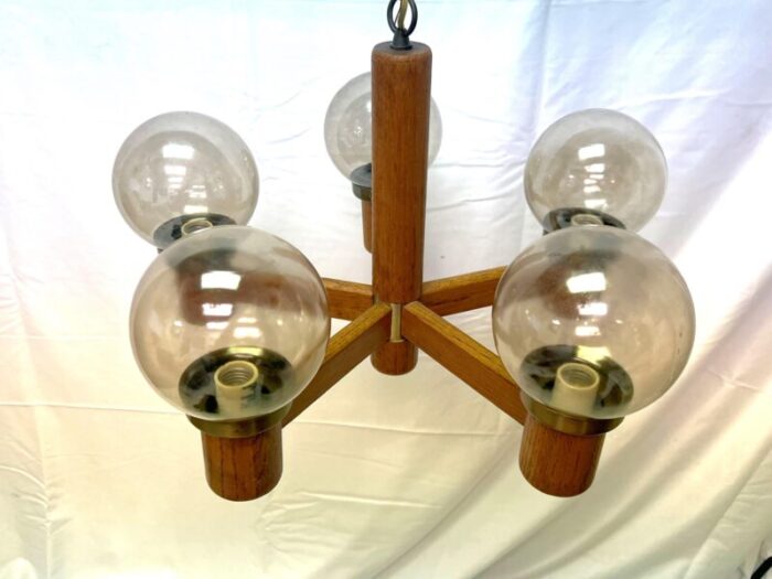 mid century modern brass wood 5 light globe chandelier 7769