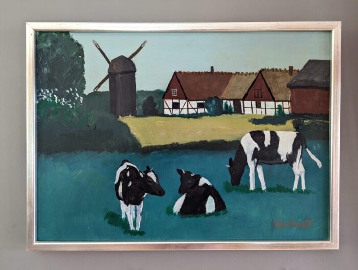 mid century modern cows in field swedish vintage landscape oil painting framed 4196