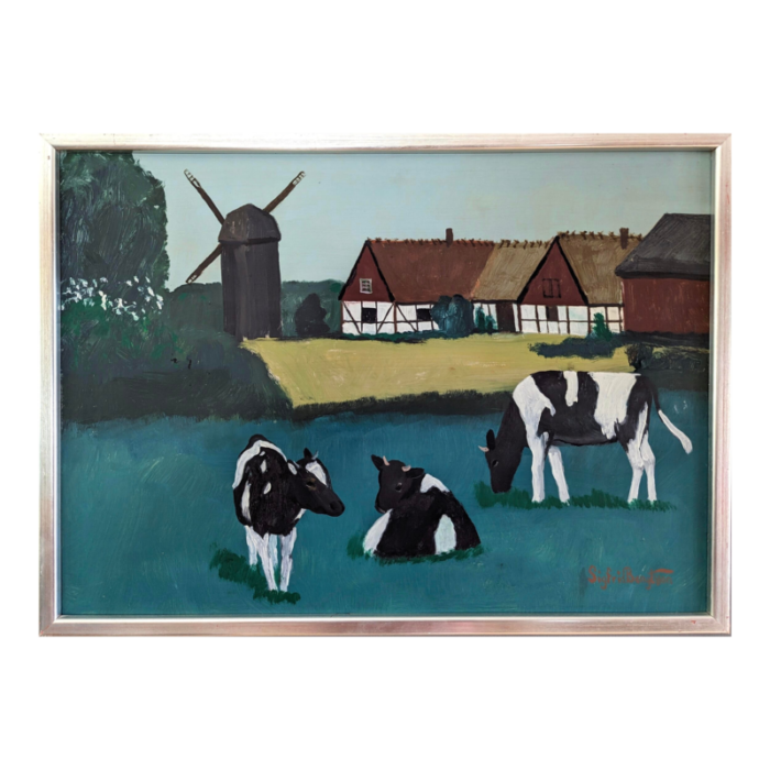 mid century modern cows in field swedish vintage landscape oil painting framed 9008