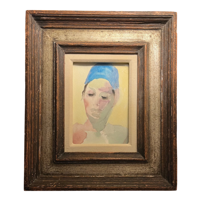 mid century modern french watercolor painting portrait of an actor in fine silver gilt wood frame 6316