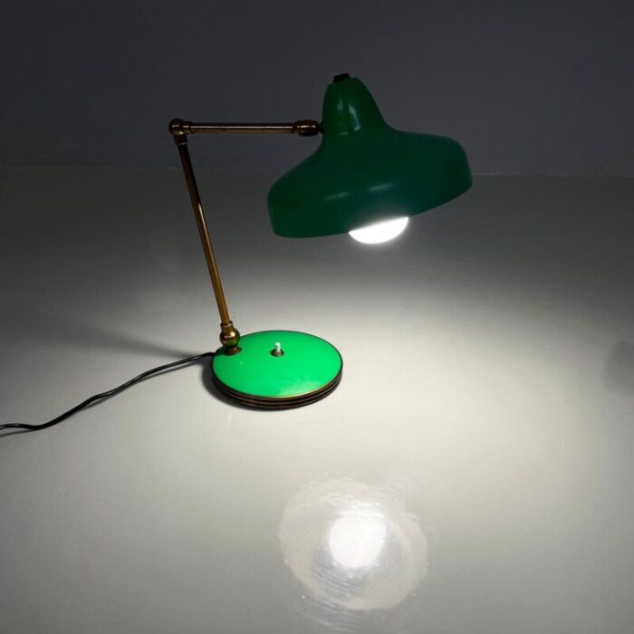 mid century modern italian adjustable table lamp in green metal and brass 1950s 2