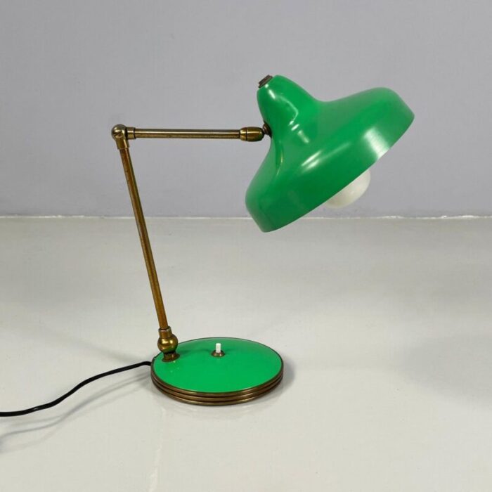 mid century modern italian adjustable table lamp in green metal and brass 1950s 3