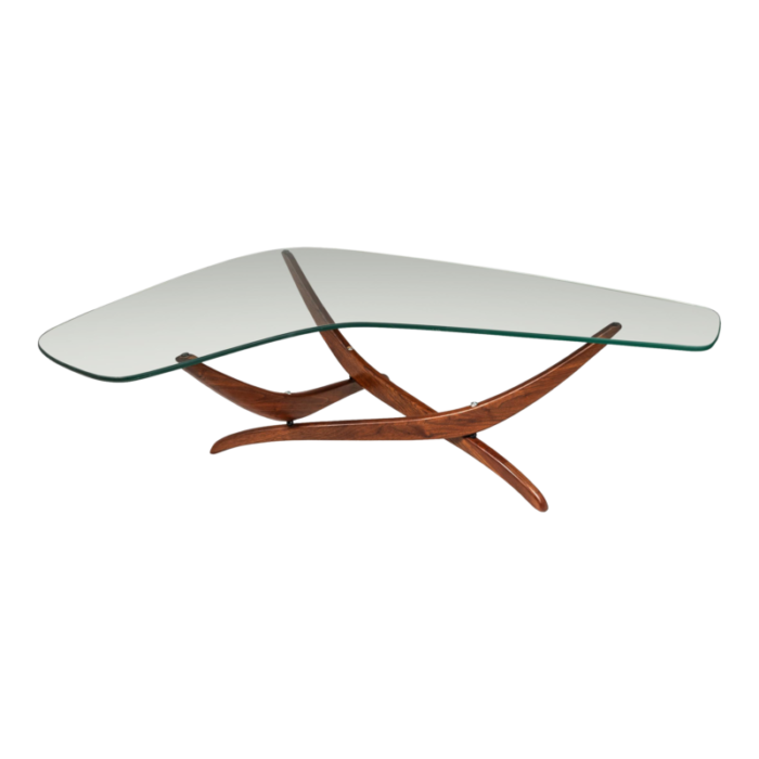 mid century modern sculptural coffee table in walnut w kidney shaped glass top by forest wilson usa c 1960s 2293