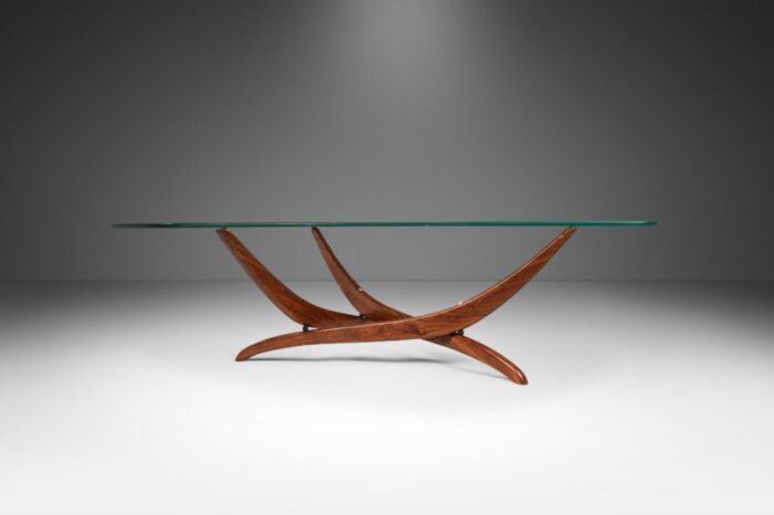 mid century modern sculptural coffee table in walnut w kidney shaped glass top by forest wilson usa c 1960s 2774