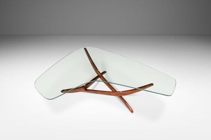 mid century modern sculptural coffee table in walnut w kidney shaped glass top by forest wilson usa c 1960s 3954