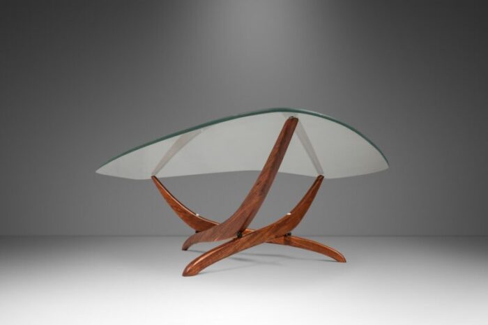 mid century modern sculptural coffee table in walnut w kidney shaped glass top by forest wilson usa c 1960s 5494