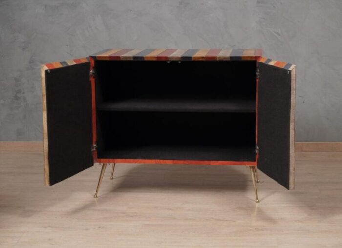 mid century multicolor goatskin brass and red glass sideboard 1980s 1942