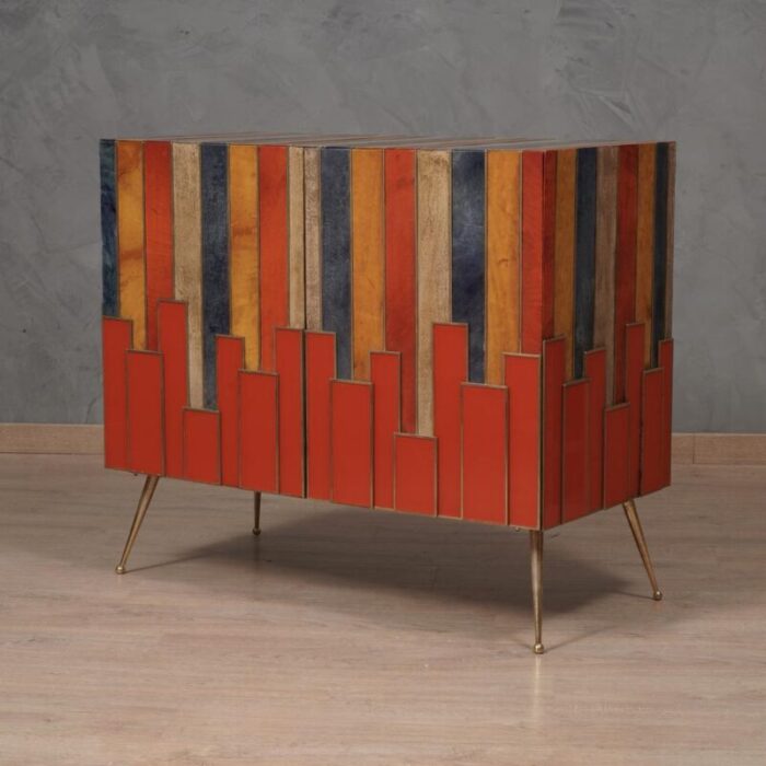 mid century multicolor goatskin brass and red glass sideboard 1980s 4544