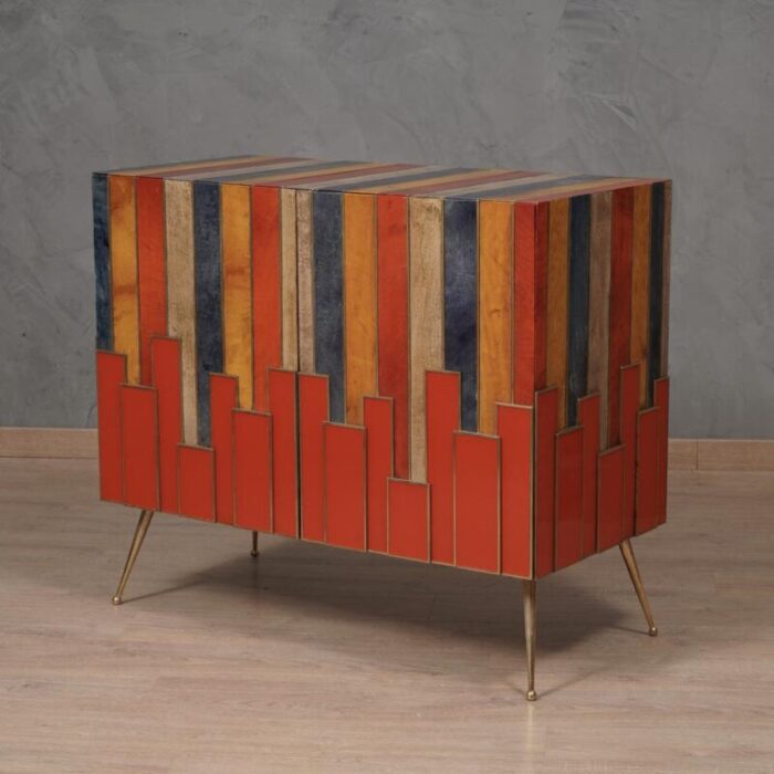 mid century multicolor goatskin brass and red glass sideboard 1980s 4935