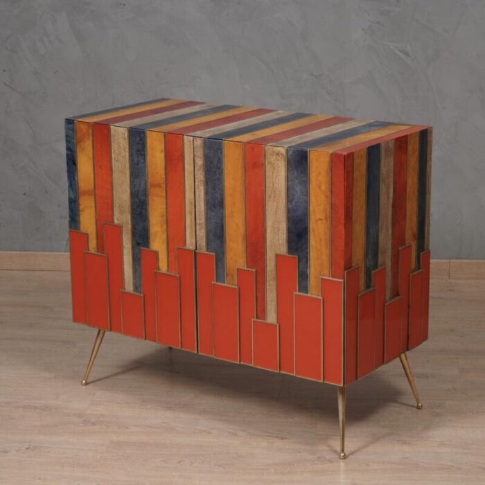 mid century multicolor goatskin brass and red glass sideboard 1980s 6370