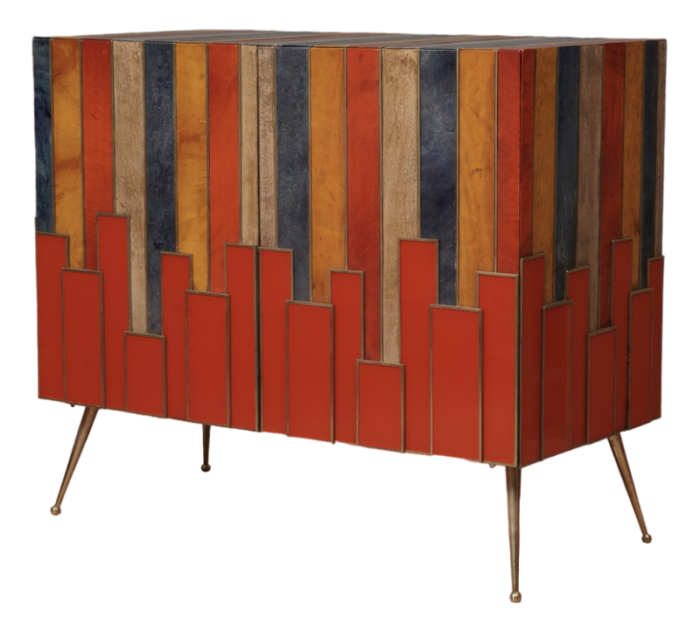 mid century multicolor goatskin brass and red glass sideboard 1980s 8619