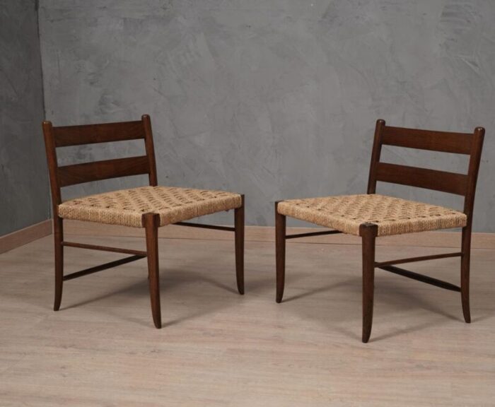 mid century oak and straw chairs 1970s set of 2 2263