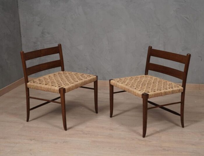 mid century oak and straw chairs 1970s set of 2 5651