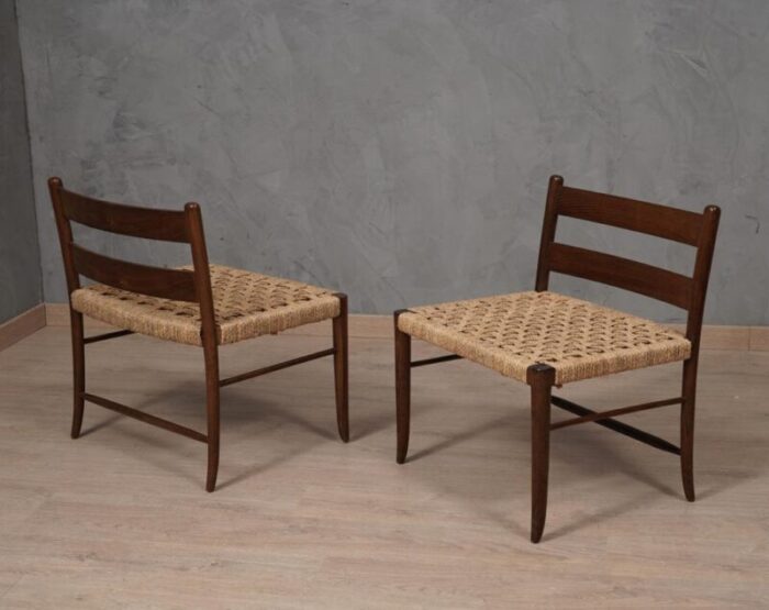 mid century oak and straw chairs 1970s set of 2 8084